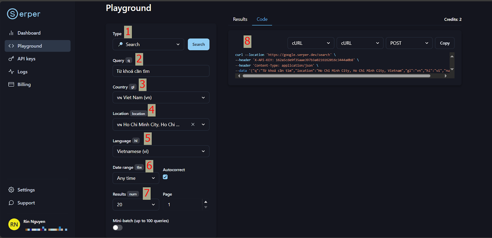 Serper Playground cURL